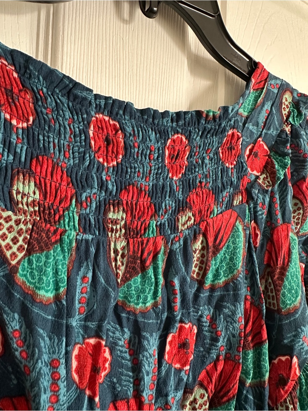 Maeve Teal Floral Ruffle V-Neck Blouse with Red Accents - Picture 8 of 8